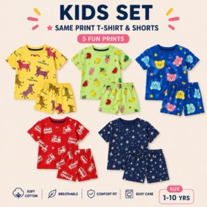 Kids Cotton T-Shirt & Shorts Combo Pack – 5 Printed Sets | Soft Cotton | Ages 1-10 Years | Free Delivery