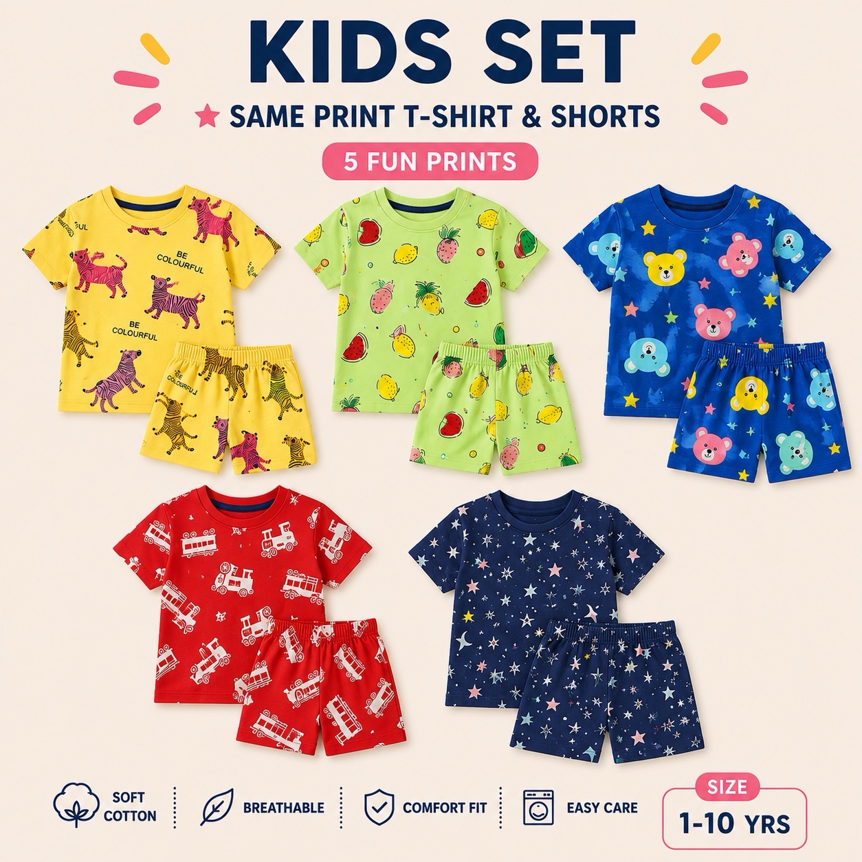 Kids Cotton T-Shirt & Shorts Combo Pack – 5 Printed Sets | Soft Cotton | Ages 1-10 Years | Free Delivery